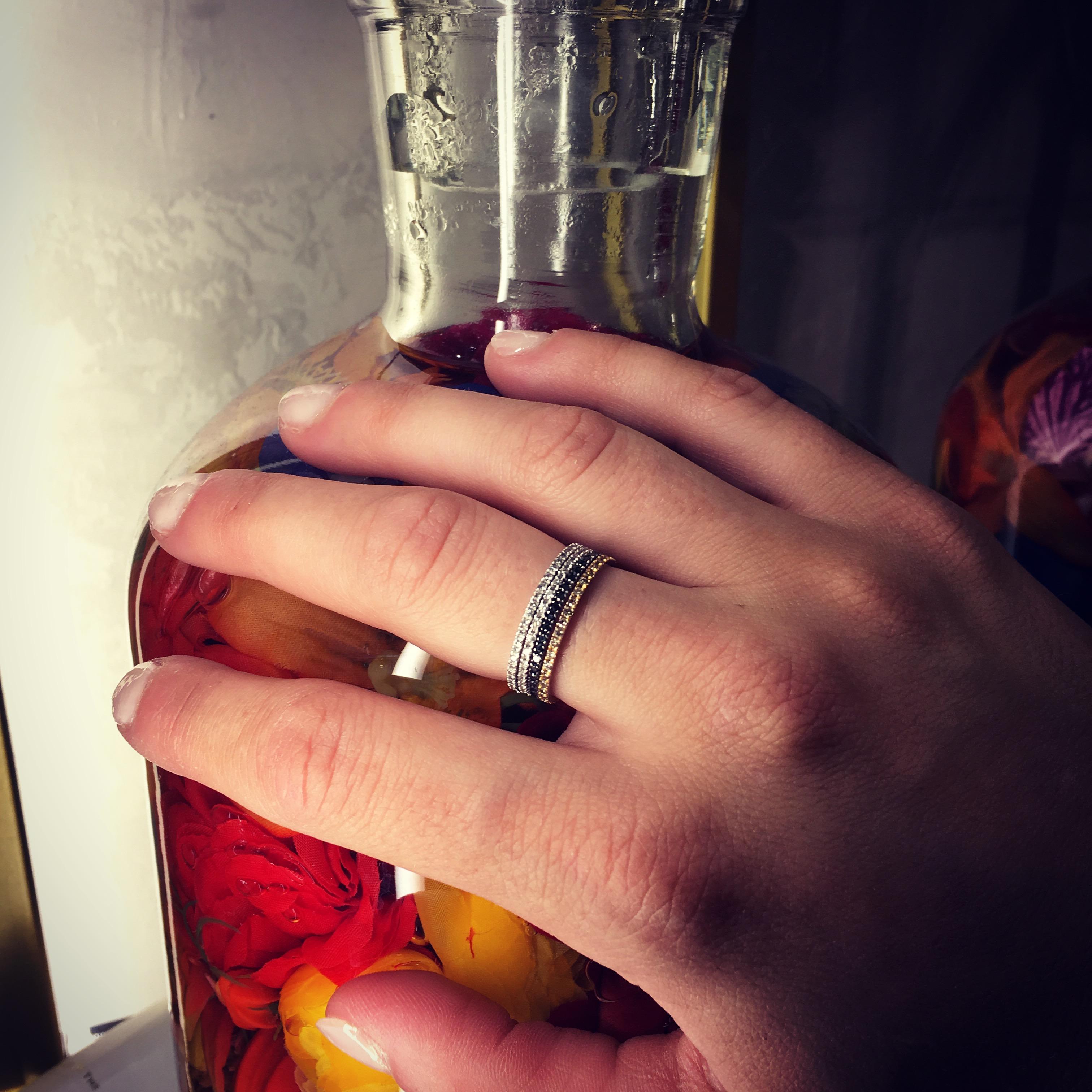 Dainty with brilliant sparkle, this handmade White Diamond ring is beautiful on its own or stacked with other stones. Made up of 55 Black Diamonds set in an Eternity ring style all the way round, it is one of my favourite pieces to wear everyday.