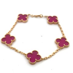 Van Clear & Arpels 5- Motif Alhambra Pink Enamel 18K Yellow Gold Bracelet