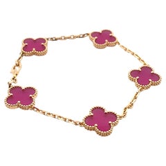 Van Clear & Arpels 5- Motif Alhambra Pink Enamel 18K Yellow Gold Bracelet