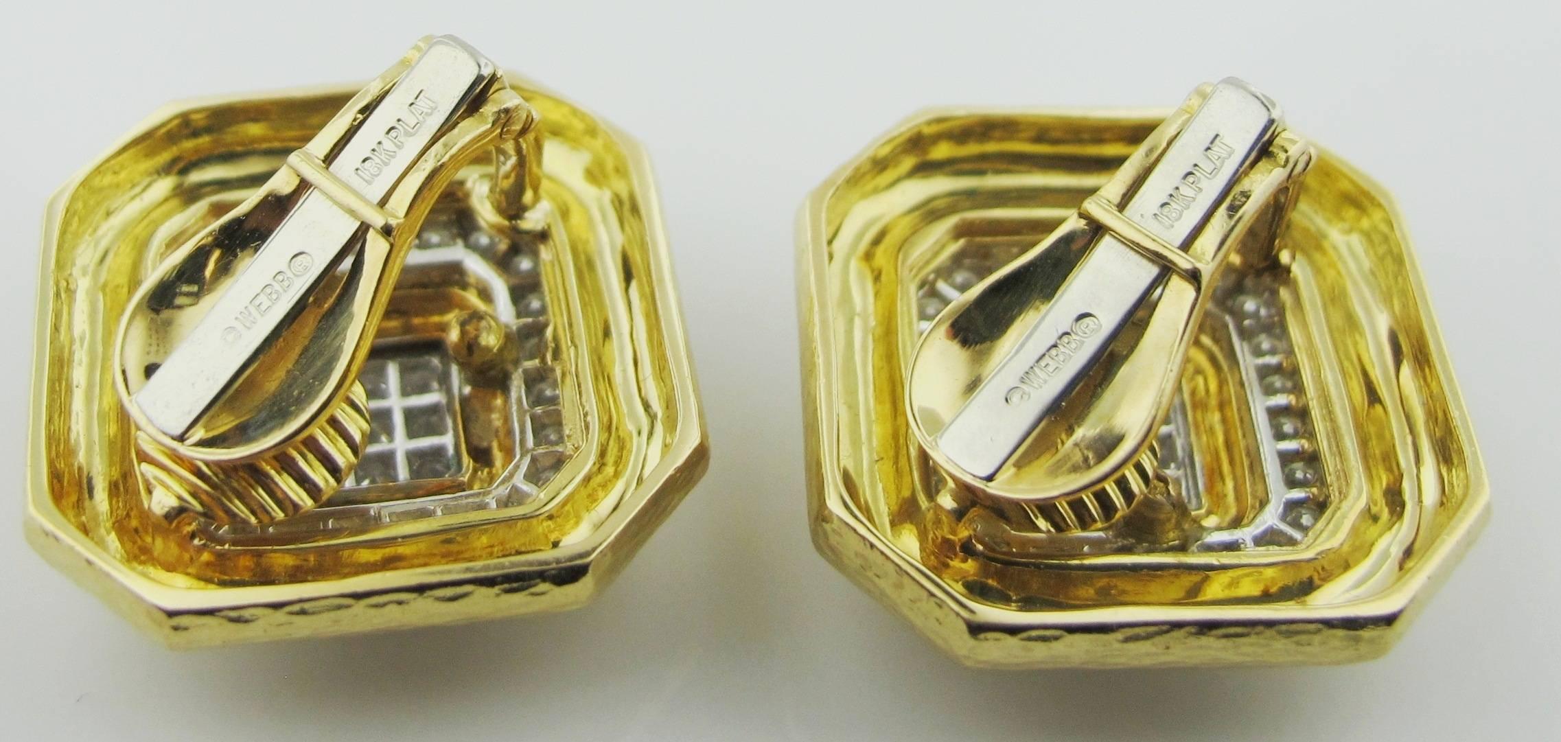 Signed David Webb Pave Diamond 18 karat Yellow Gold and platinum clip on earrings.  These earrings contain 70 Diamonds with a total diamond weight of 3.00 carats, FG color, VVS clairity. Gold weighs 32 grams.  In original David Webb box.
