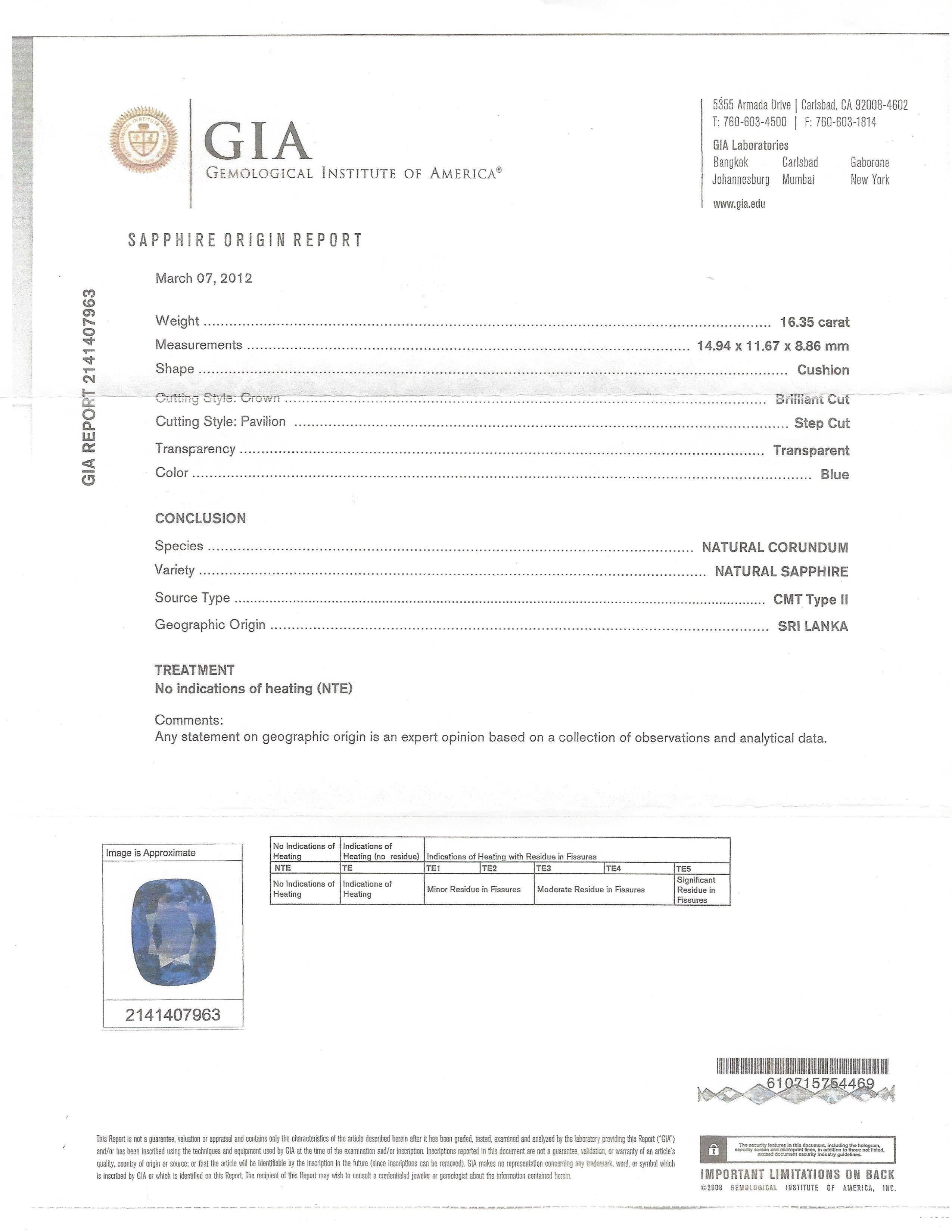 16.35 Carat Unheated Sri Lanka Blue Sapphire, Diamond Ring in Platinum GIA In New Condition In Palm Desert, CA