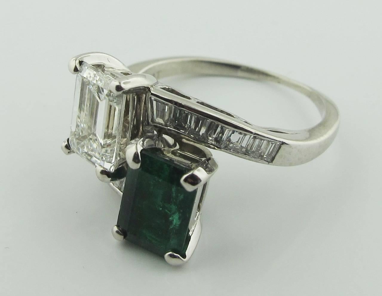 Cross-Over Platinum Diamond Ring, 1.47 Carat Diamond Gia, 1.46 Emerald 1