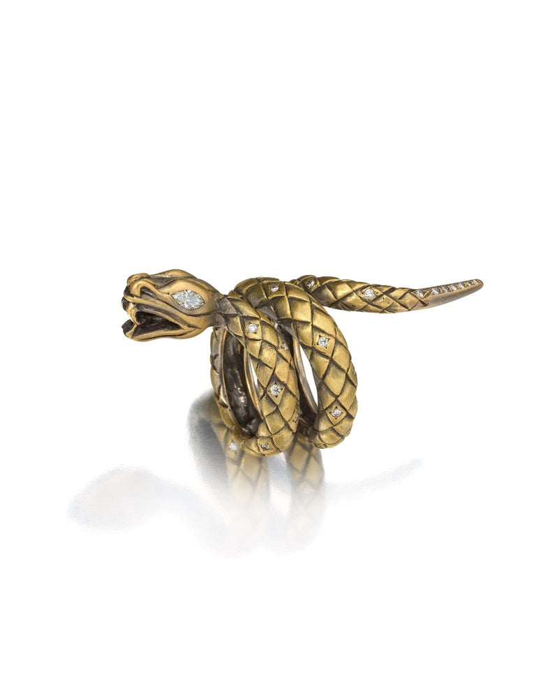 Marquise Cut Wendy Brandes 18K Gold Snake Ring With Diamond Accents For Sale