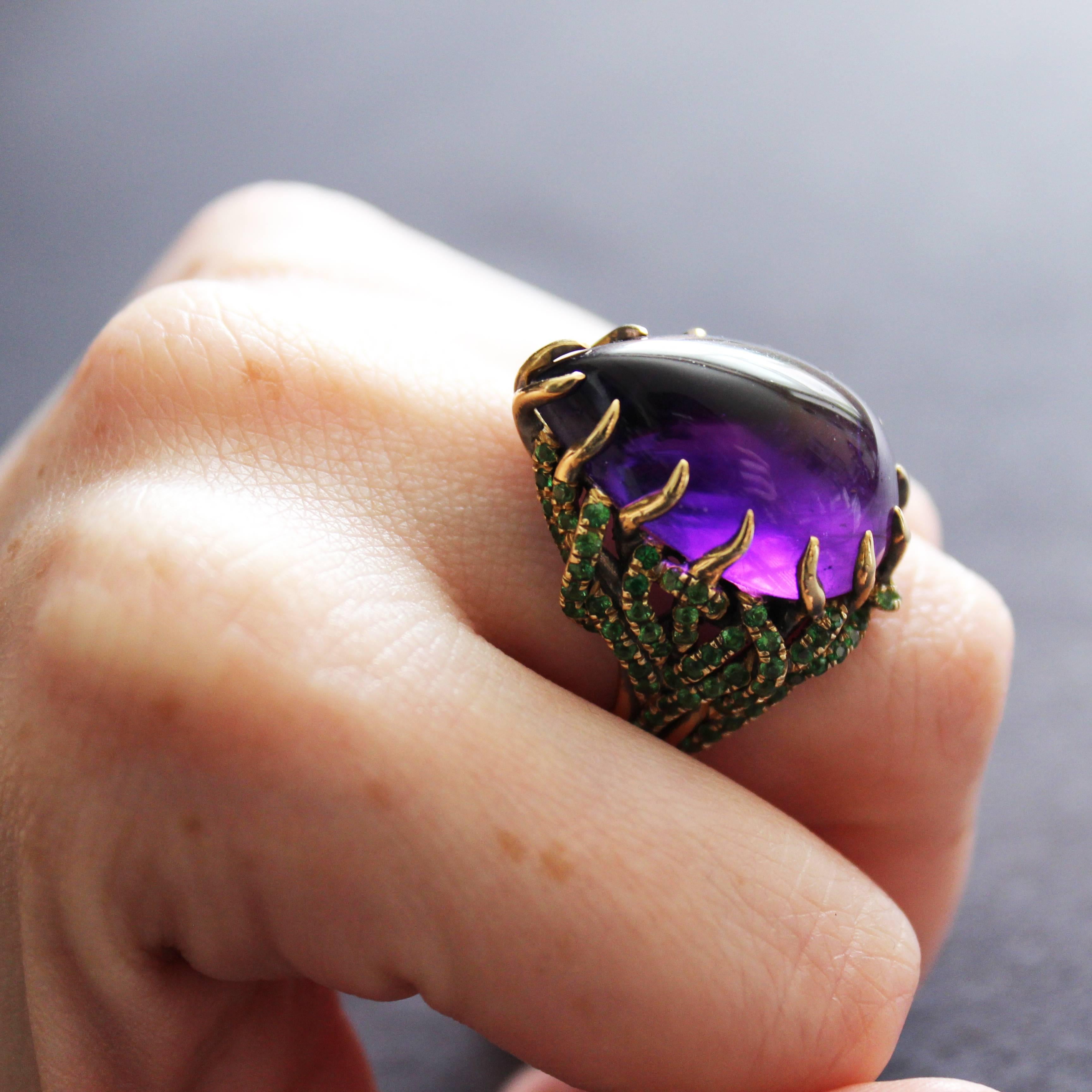 Wendy Brandes One-of-a-Kind Birthstone Amethyst and Tsavorite Cocktail Ring For Sale 1
