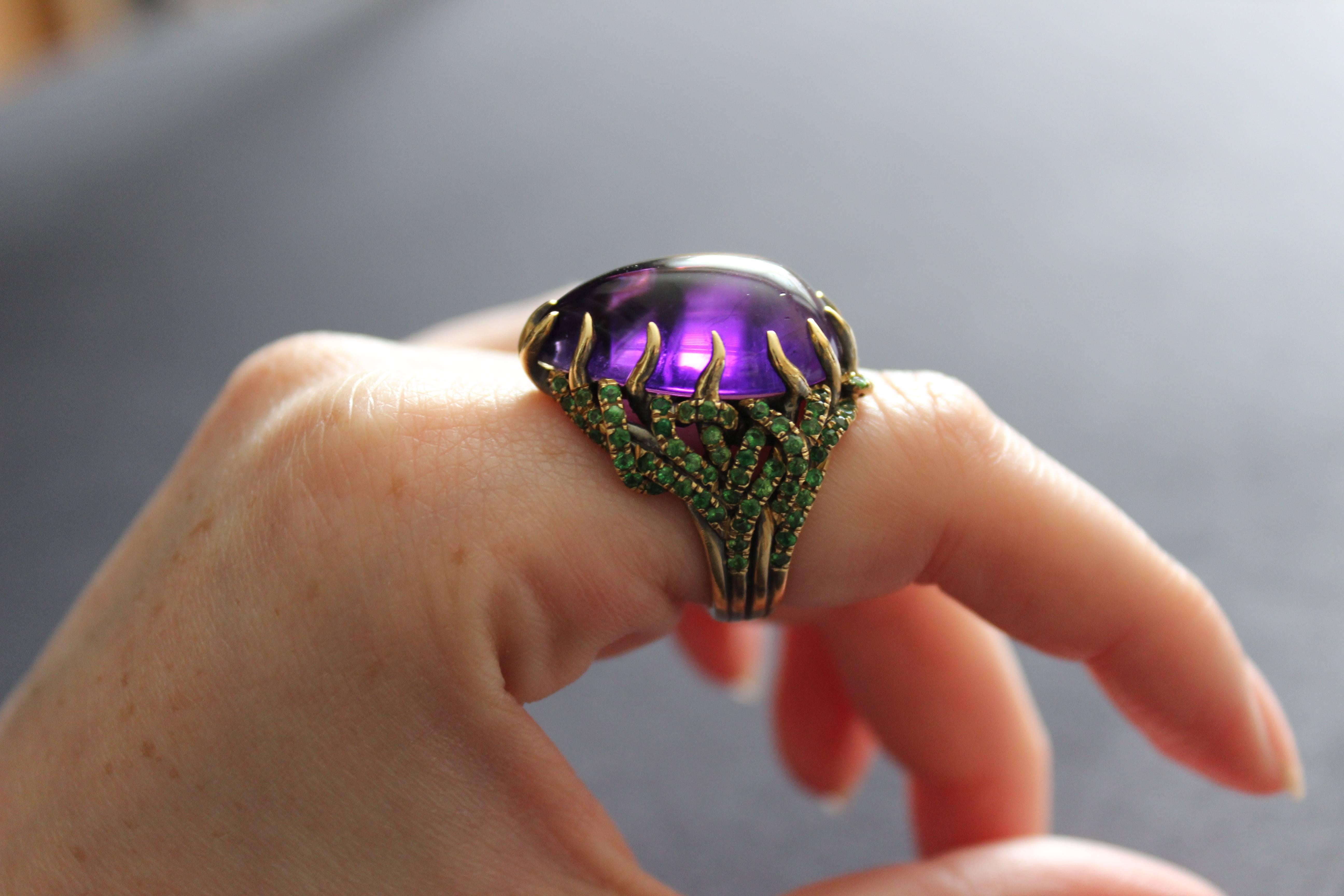 Women's Wendy Brandes One-of-a-Kind Birthstone Amethyst and Tsavorite Cocktail Ring For Sale