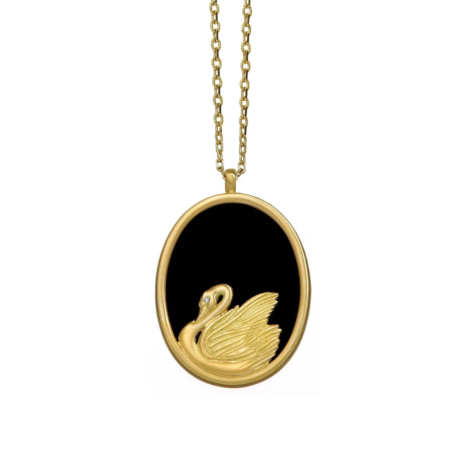 Wendy Brandes Onyx and 18K Yellow Gold Swan Pendant Necklace With Diamond Accent