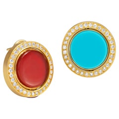 Wendy Brandes Turquoise, Carnelian, and Diamond Flip Earrings in 18K Yellow Gold