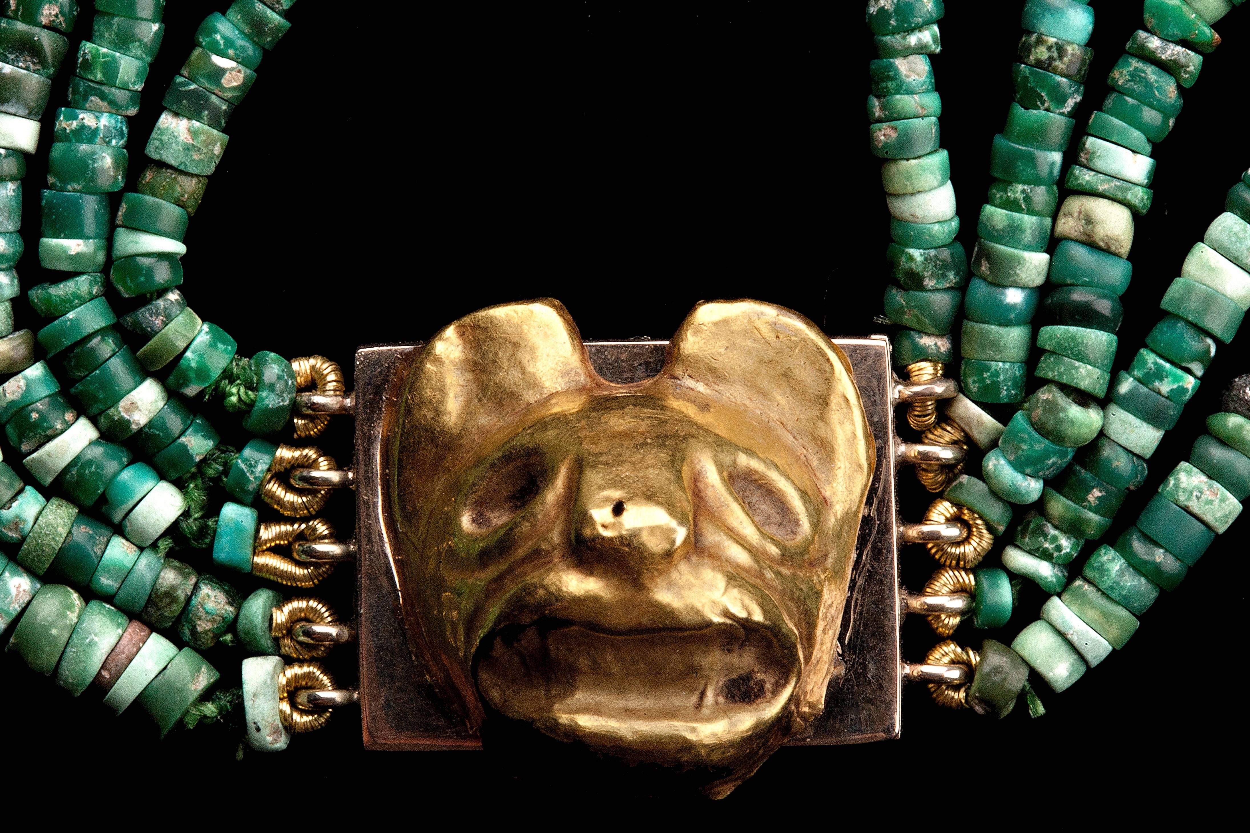 5 String Necklace of Peruvian Precolumbian Imperial Turquoise/Malachite Miniature Beads (2000 years old) with Chavin Gold Feline Masquette, Ex. Gerald Berjonneau. Modern new string and clasp.