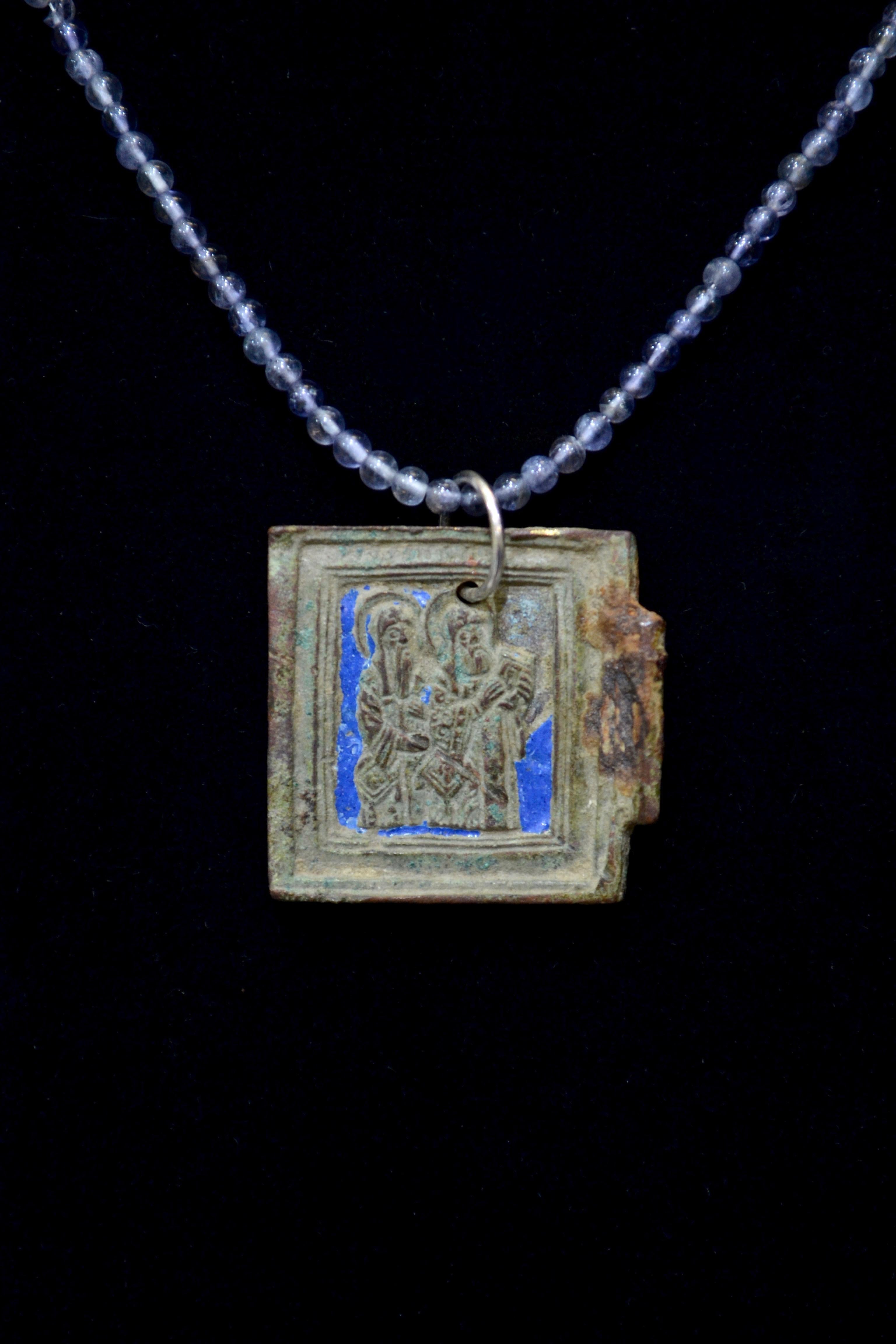 Women's or Men's Late Medieval Enameled Bronze Icon Pendant with Saints