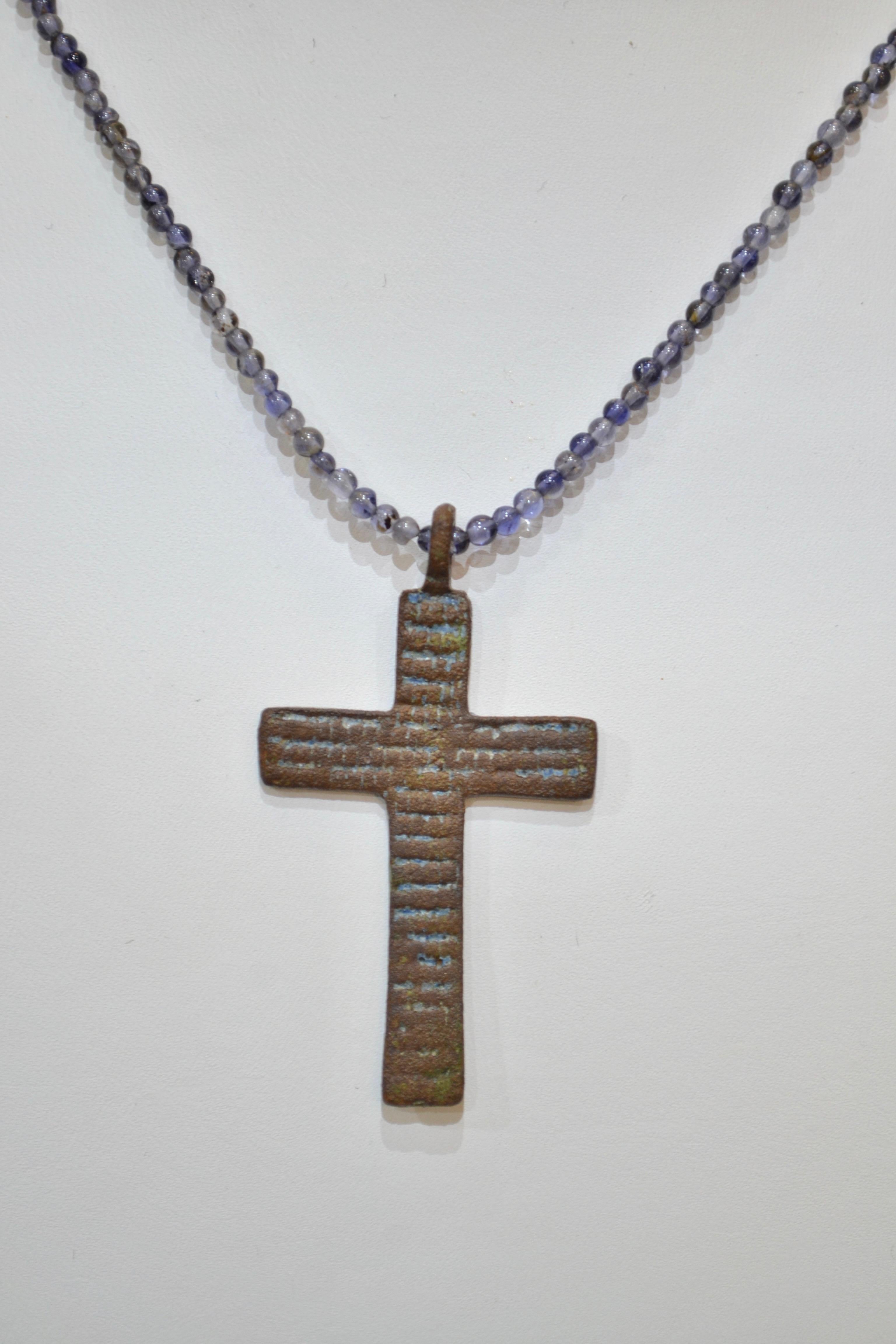 Late Medieval Bronze Cross with Enamel. Professionally cleaned and polished to show original details. Mounted on beautiful polite beaded necklace.