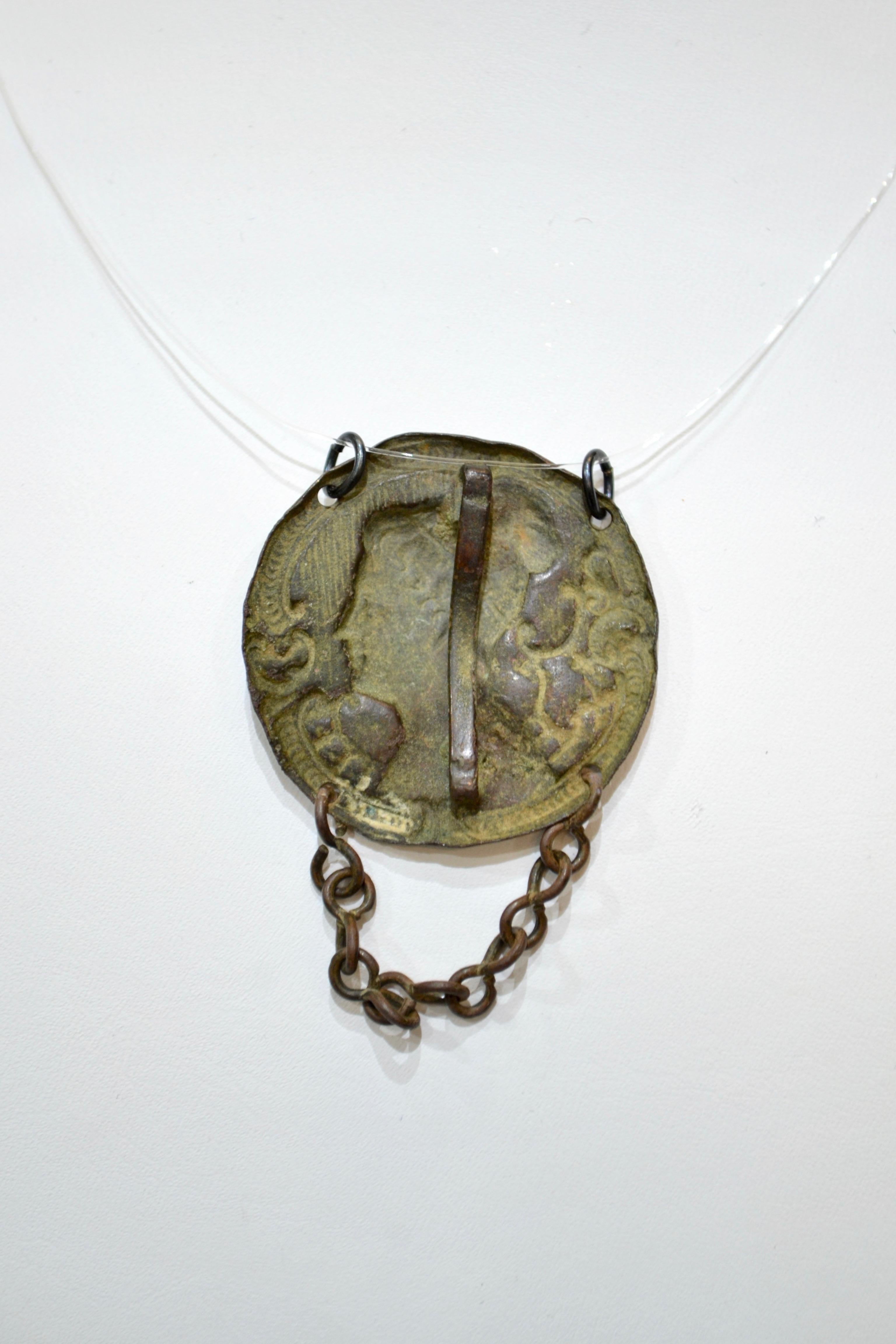 Post Medieval French Gold-Gilded Bronze Necklace with Bust and Chain set in a transparent necklace cord with a .925 sterling silver clasp. Professionally cleaned and polished to show original details. Obtained from an old Austrian collection,