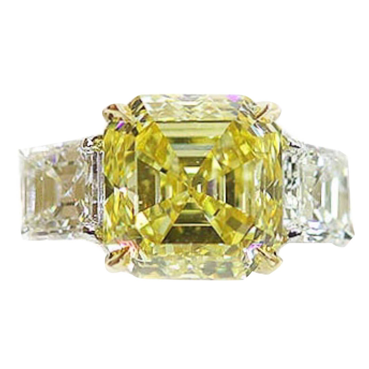 Natural Fancy Intense 3.81 Carat Asscher Cut GIA Yellow Diamond Platinum Ring