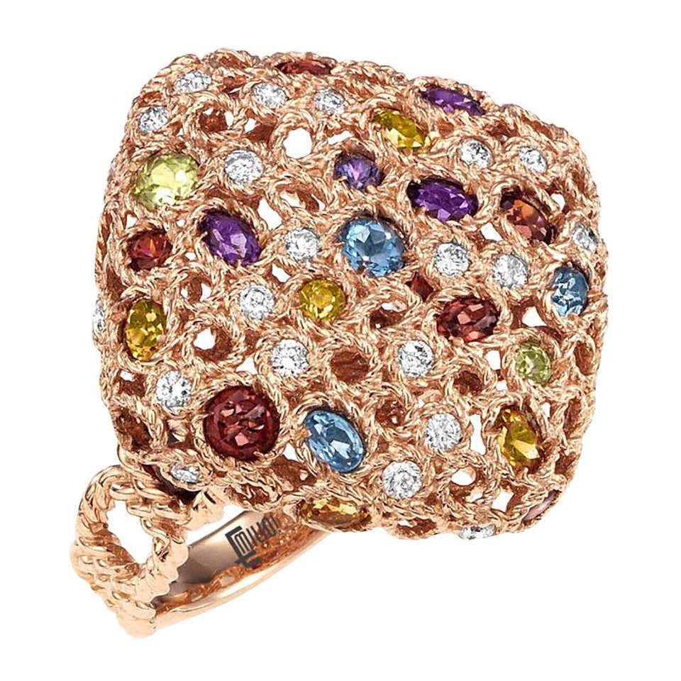 Multi Color Gemstone Diamond Rose Gold Ring at 1stDibs | gold color ...