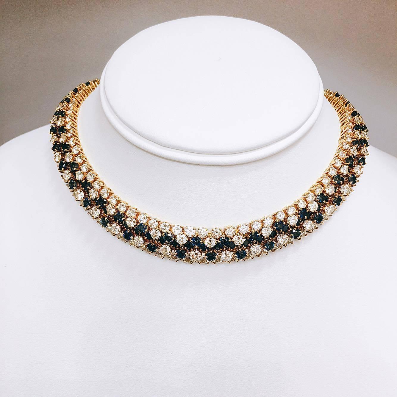 228 white round diamonds E Color VVs1 Clarity Excellent cuts/fire totaling approximately 53.00ct t.w. 
Approx. 43.00cts t.w. of Deep rich blue natural ceylon Sapphires 
This necklace is 14 inches long at choker length. We can extend the length if