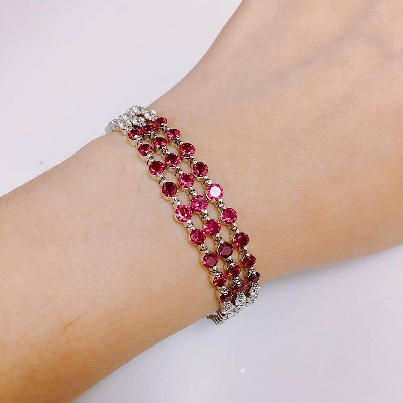 Emilio! Our signature unique endless multi row single prong bracelet is hand made indeed! Available in white/yellow/rose gold.
approx 5.50ct diamond F color vs2
5.00ct Rich Red Burmese Rubies 
All Sizes Available.
All Emilio! pieces come with a