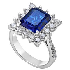 Emerald Cut Diamond and Rich Blue Sapphire Ring