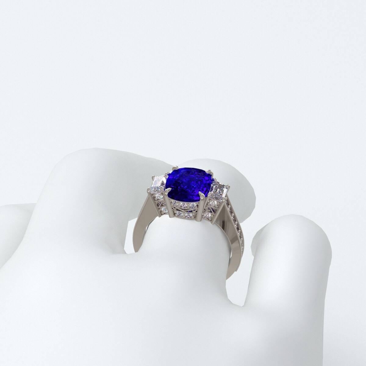 Women's Emilio Jewelry 4.50 Carat Gem Quality Royal Blue Cushion Sapphire Diamond Ring