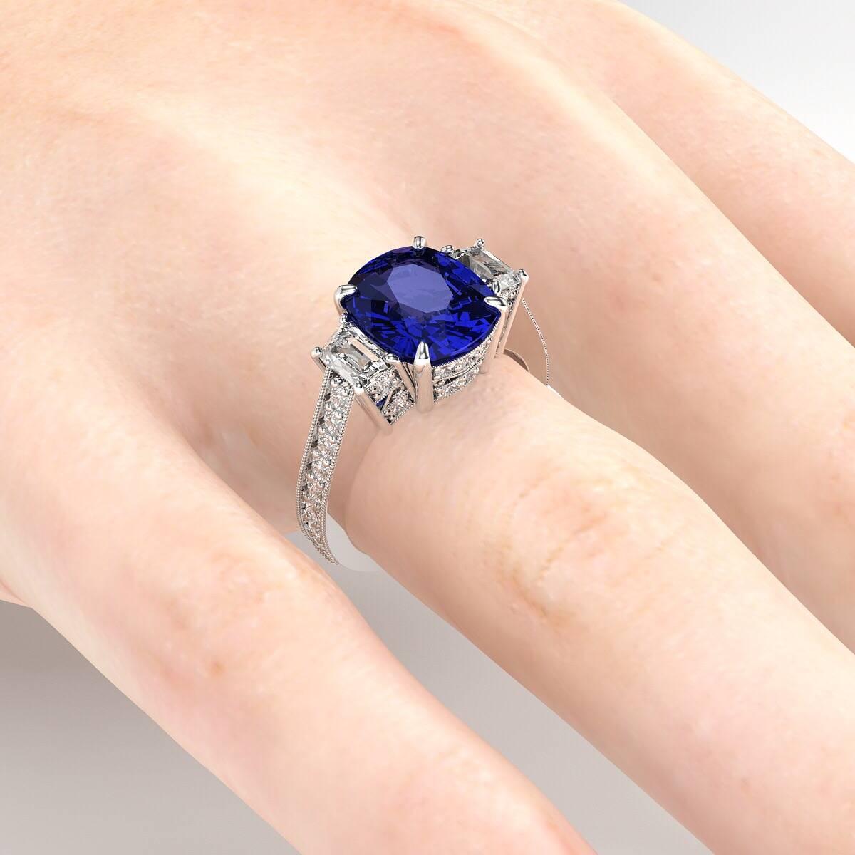 Emilio Jewelry 4.50 Carat Gem Quality Royal Blue Cushion Sapphire Diamond Ring 5