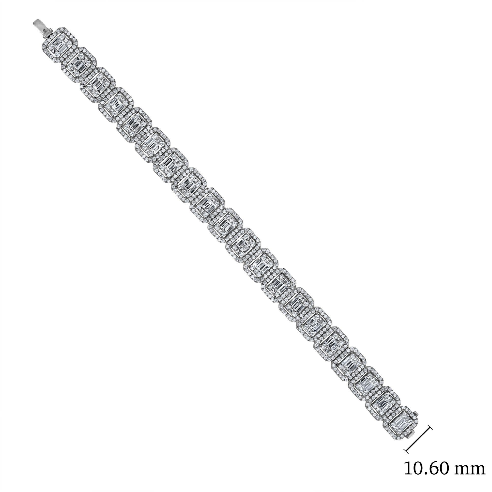 This striking diamond bracelet gives the impression of a much larger piece! 
Color: E-F
Clarity: Vs2 
Metal: !8kw
Length: 7 inches can be shorter or long by request 
For your piece of mind we are a proud Top Selling dealer on 1stdibs with 5 Star
