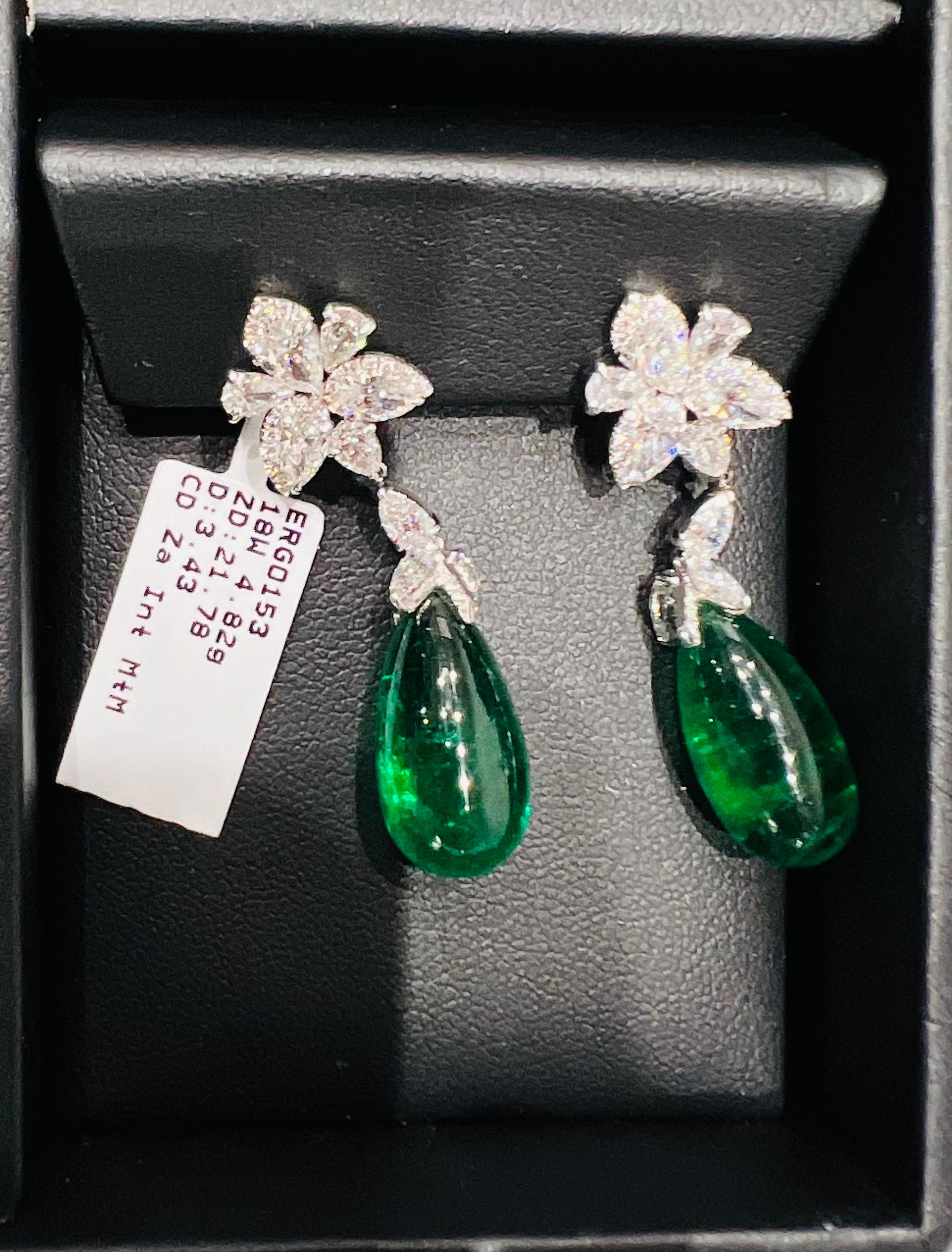 Emilio Jewelry 25.21 Carat Oval Cabochon Emeralds Diamonds Gold Earrings For Sale 1