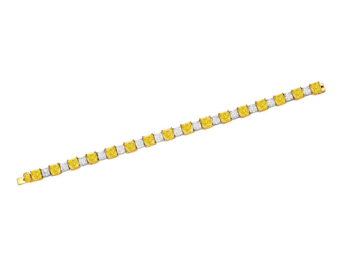 Asscher Cut Emilio Jewelry Gia Certified 23.64 Carat Yellow White Diamond Bracelet  For Sale