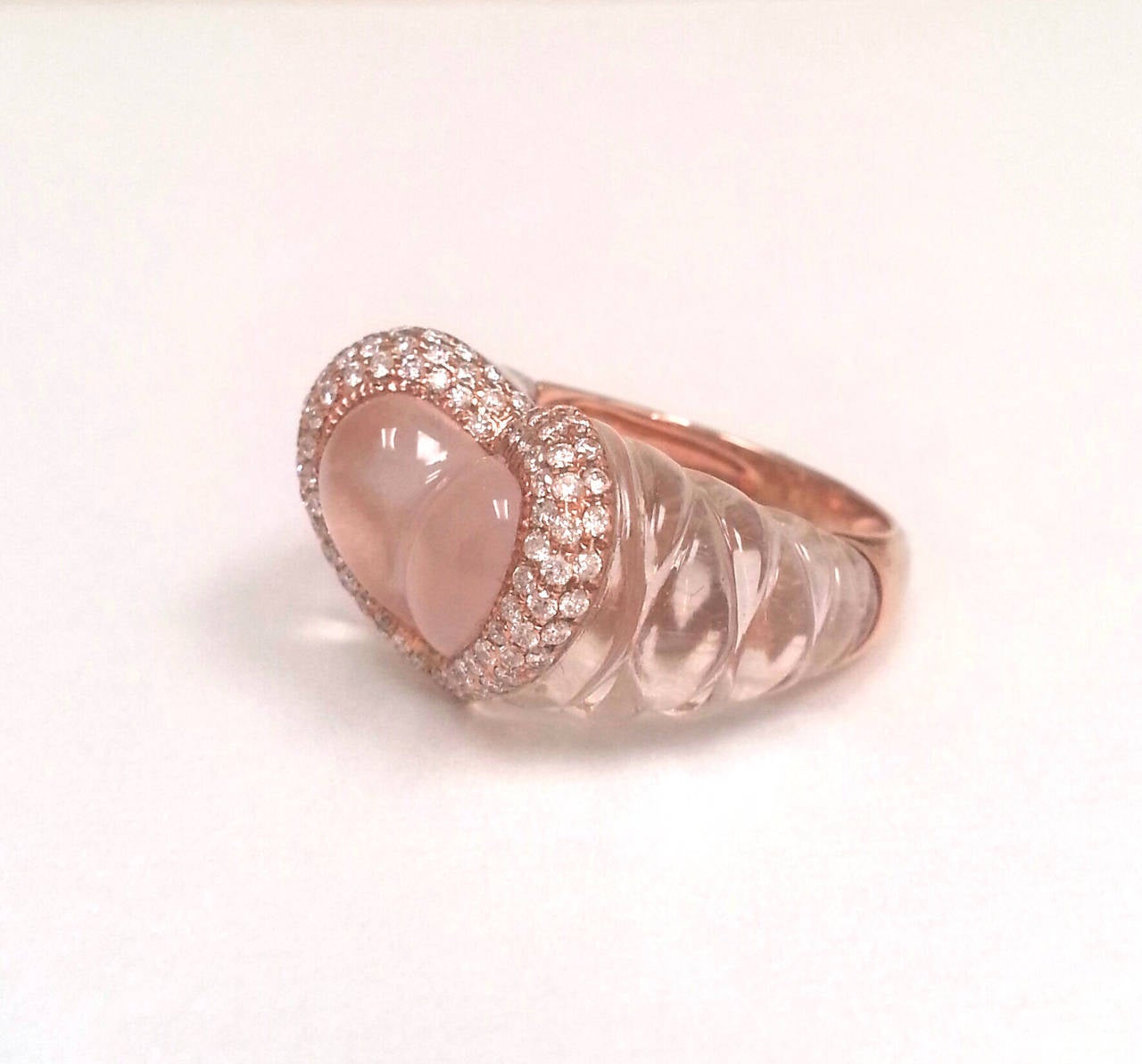 Contemporary Hand Carved Rose Quartz Micro Pave Diamond Gold Ring