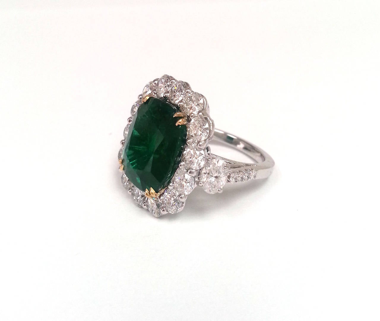 Art Deco Cushion Shape 8.62 Carat Emerald Diamond Platinum Cocktail Ring