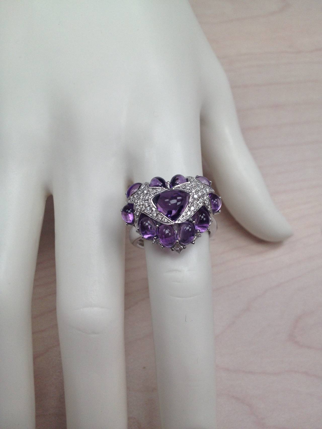 Cabochon Purple Amethyst Micro Pave Diamond Gold Ring In New Condition In New York, NY