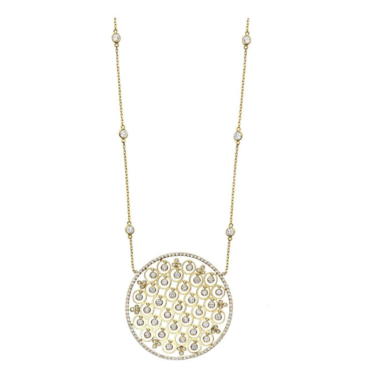 This Necklace was designed and manufactured by Emilio! 
The diamond quality are bright fine colorless diamonds/VS quality. 

The chain attached to the main piece has 10 diamond bezels.