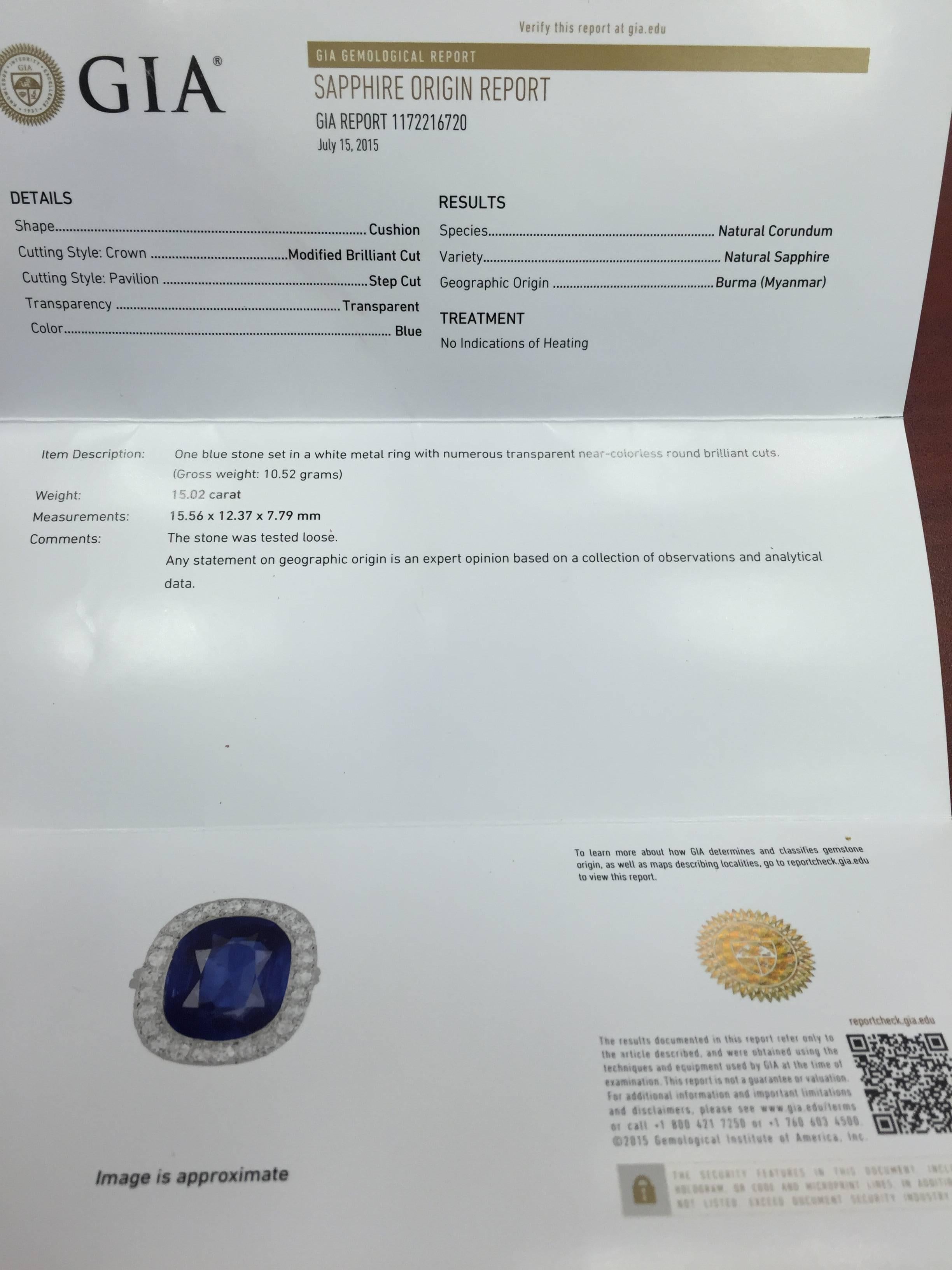 15.02 Carat GIA Certified Unheated Burmese Sapphire Gold Ring  4