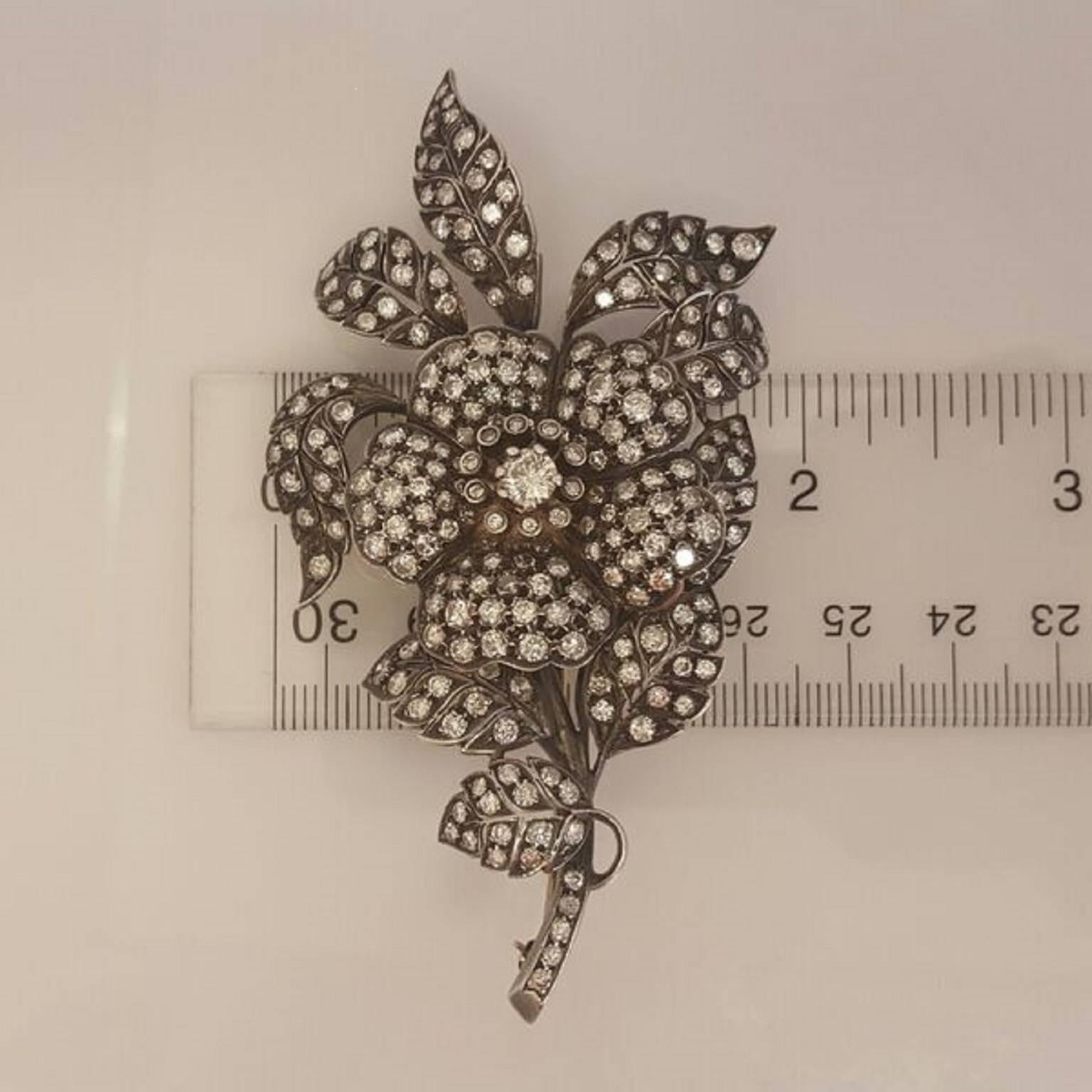 Diamond Silver Gold Floral Brooch In Excellent Condition In New York, NY