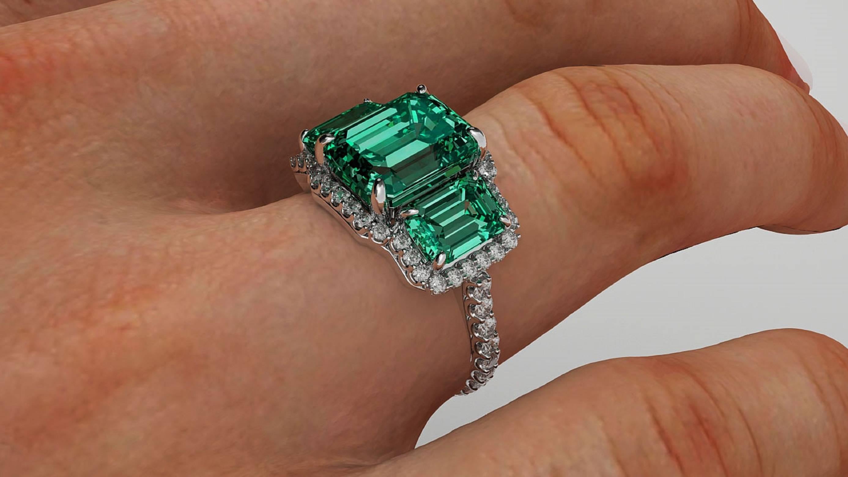 7.00ct Three Stone Emerald Diamond Ring  In New Condition In New York, NY