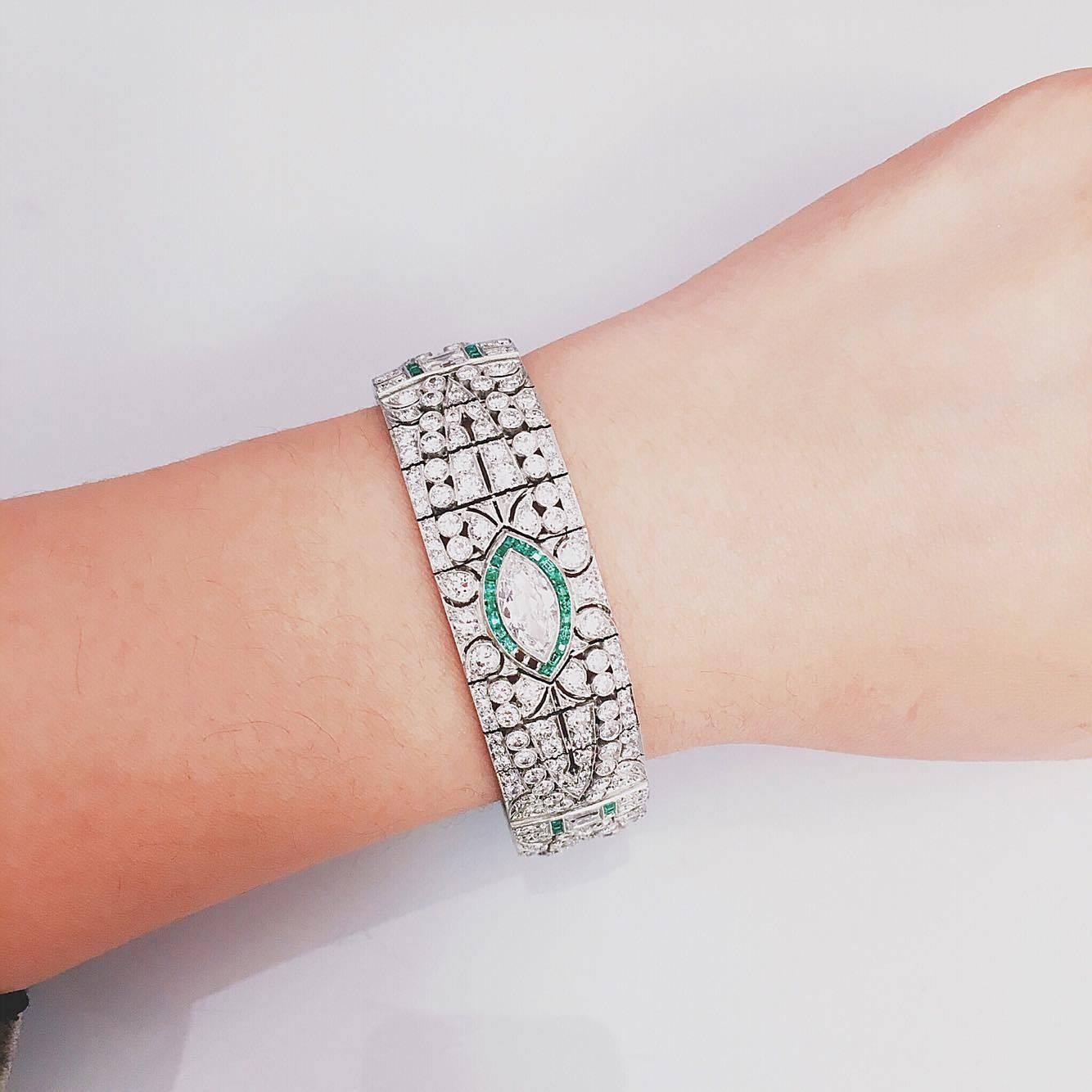 Marquise Cut Art Deco Style Emerald Diamond Platinum Bracelet