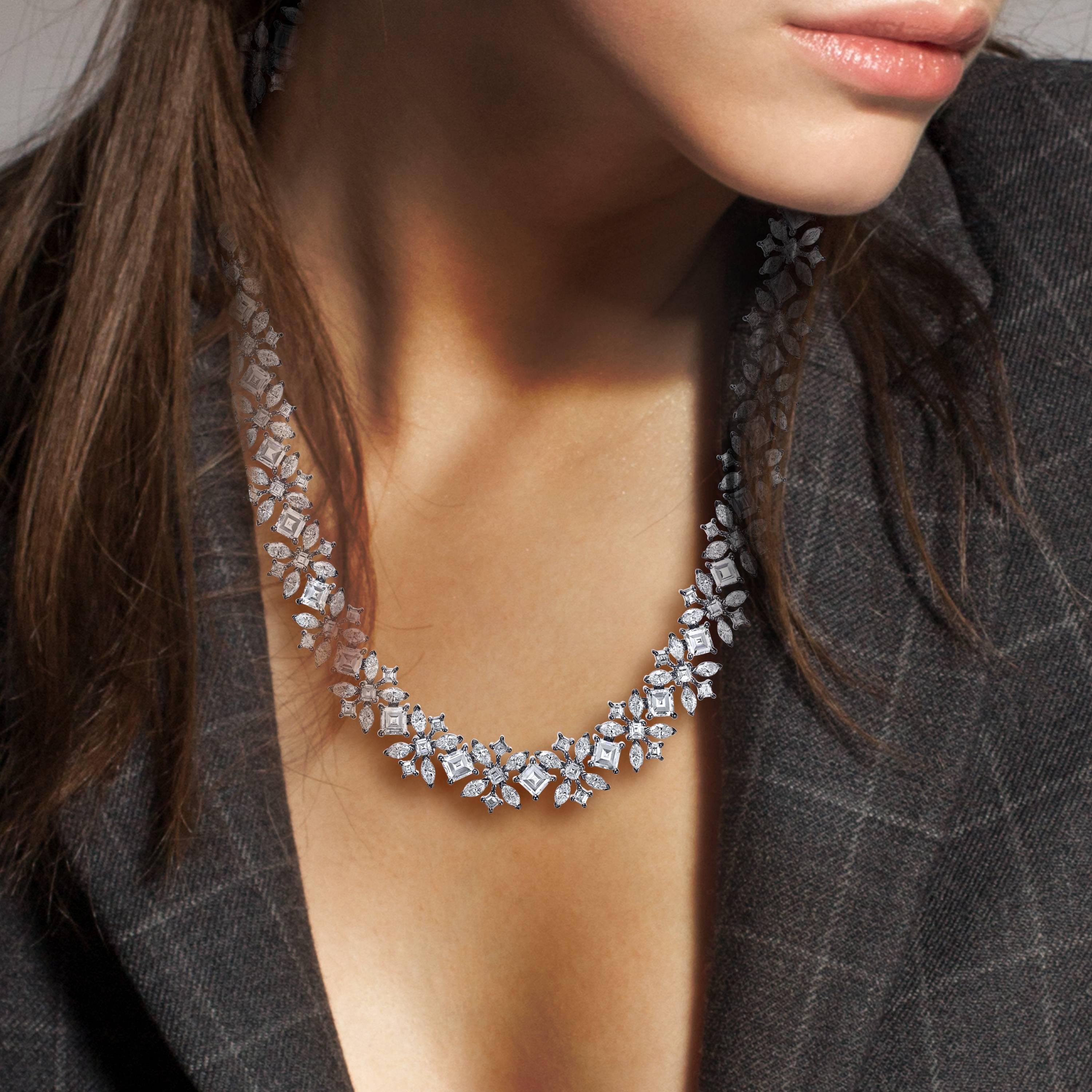 Modern Asscher and Marquise Cut Diamond Handmade Platinum Necklace
