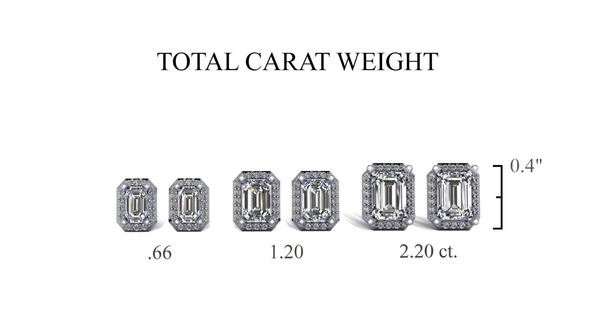 Approx. 1.20 carats total weight diamonds.The finest conflict free diamonds set in our unique diamond earrings. Can be ordered in 14k or 18k white/yellow/rose gold as well.  Color: F  Clarity: Vs1  Cut: Excellent   
All of our fine jewels come with