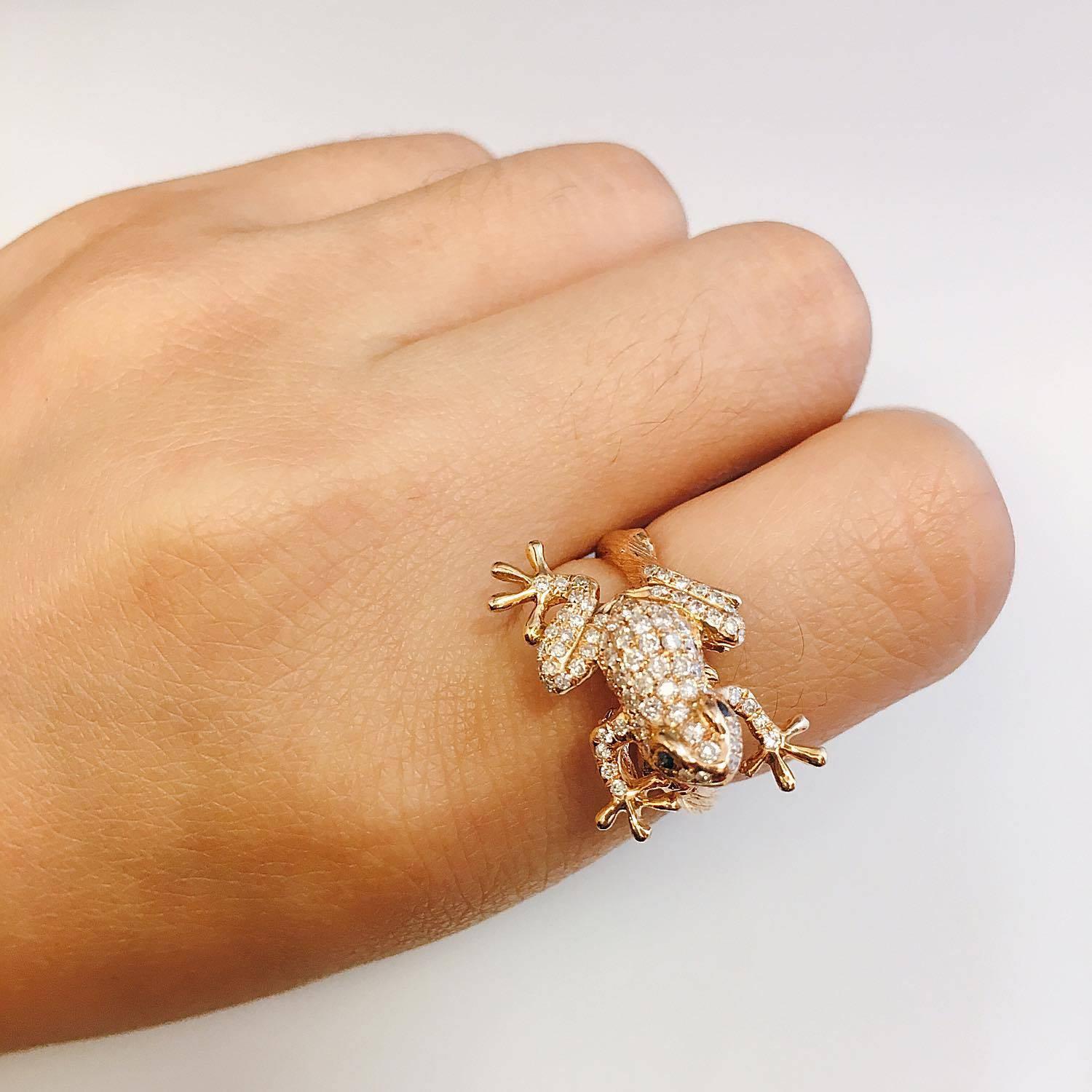 Modern 18 Karat Rose Gold Leaping Diamond Frog Diamond Ring