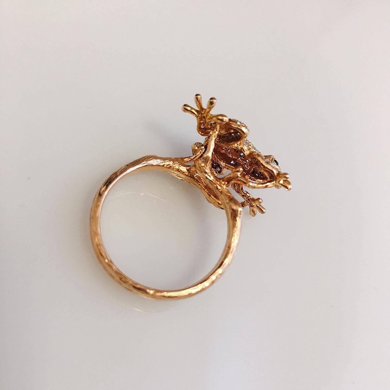 Women's 18 Karat Rose Gold Leaping Diamond Frog Diamond Ring