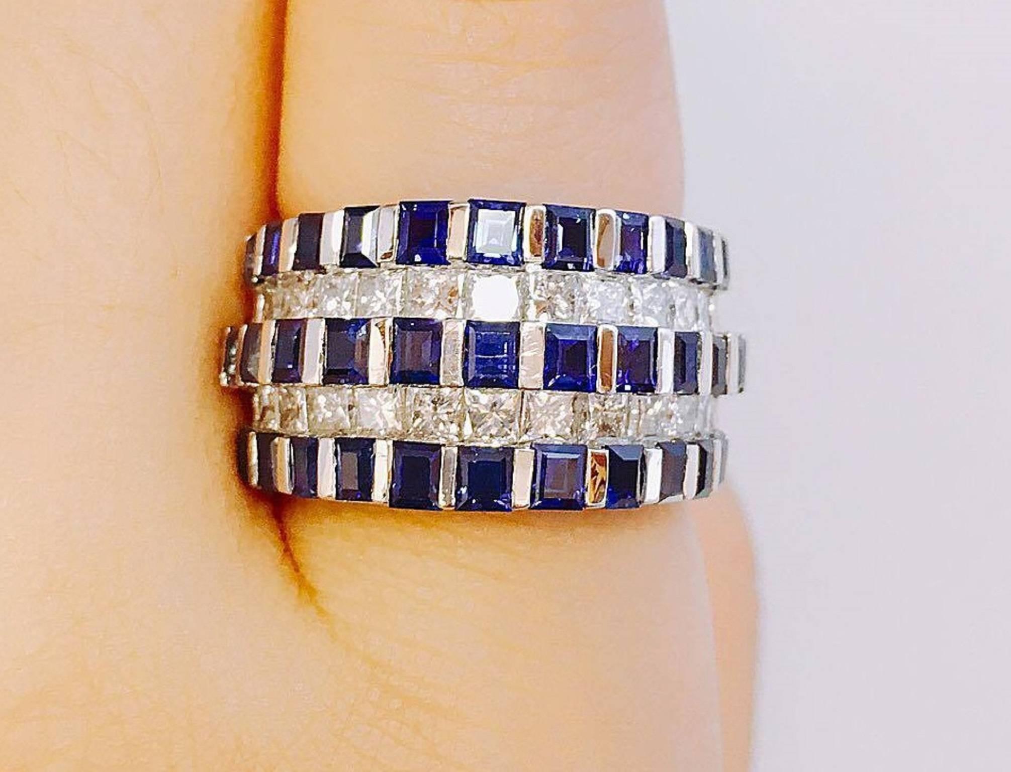 Modern Emilio Jewelry Rich Blue Princess Cut Sapphire Diamond Band