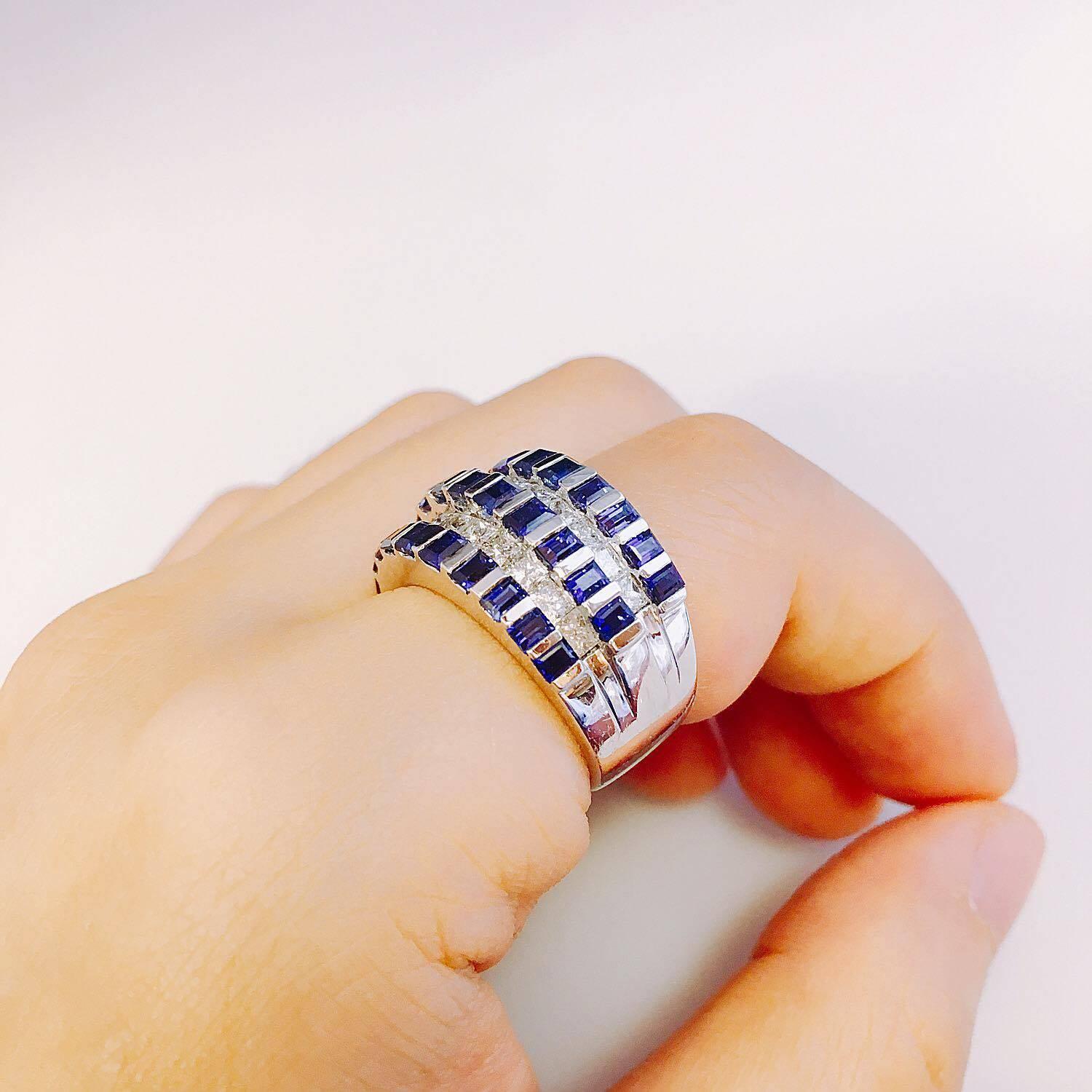 Emilio Jewelry Rich Blue Princess Cut Sapphire Diamond Band In New Condition In New York, NY