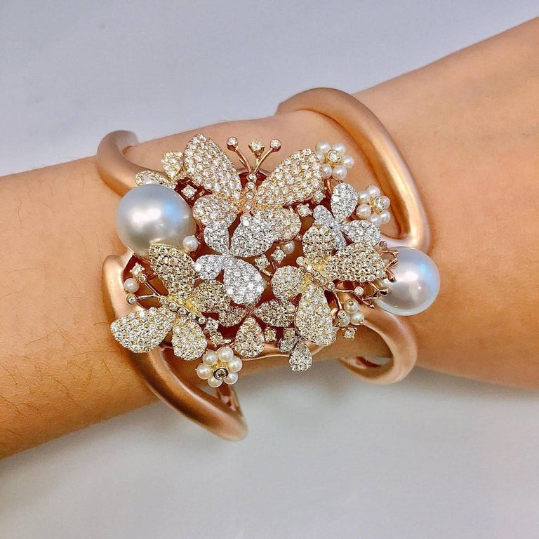 Emilio Jewelry Wide Butterfly Pearl Diamond Cuff Set in 18 Karat Rose ...