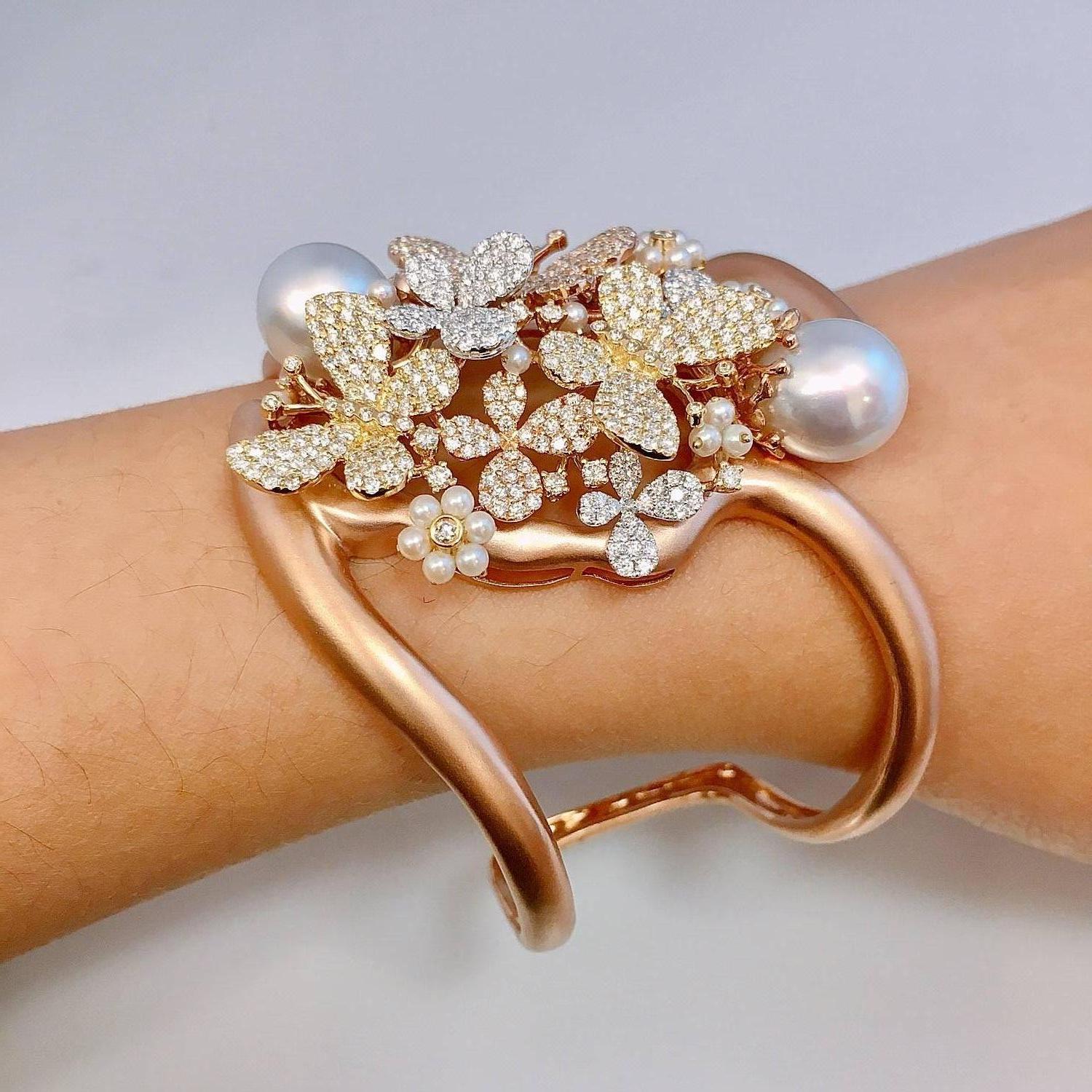Modern Emilio Jewelry Wide Butterfly Pearl Diamond Cuff Set in 18 Karat Rose Gold