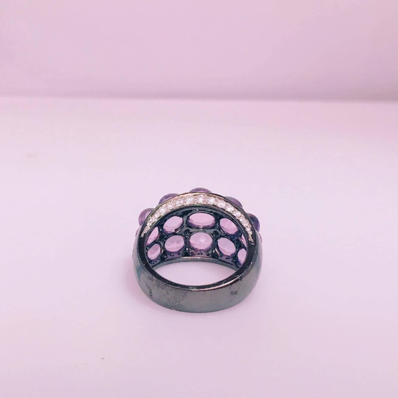Contemporary Cabochon Purple Amethyst Micro Pave Diamond Gold Ring