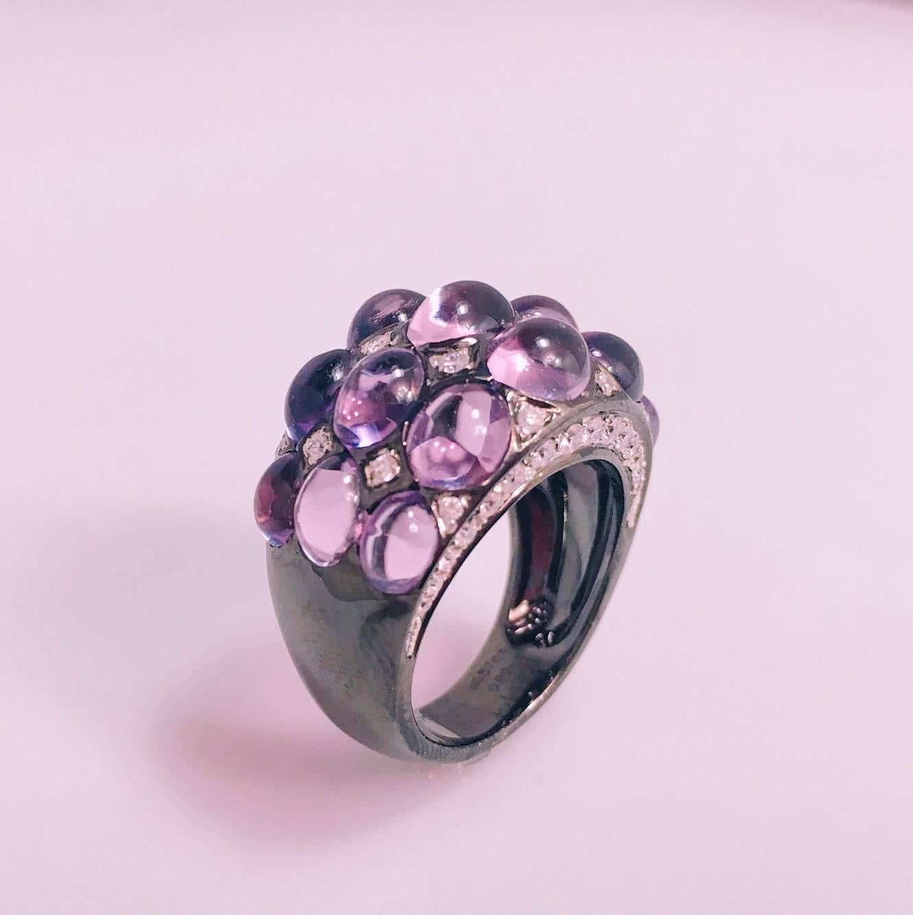 Cabochon Purple Amethyst Micro Pave Diamond Gold Ring In New Condition In New York, NY