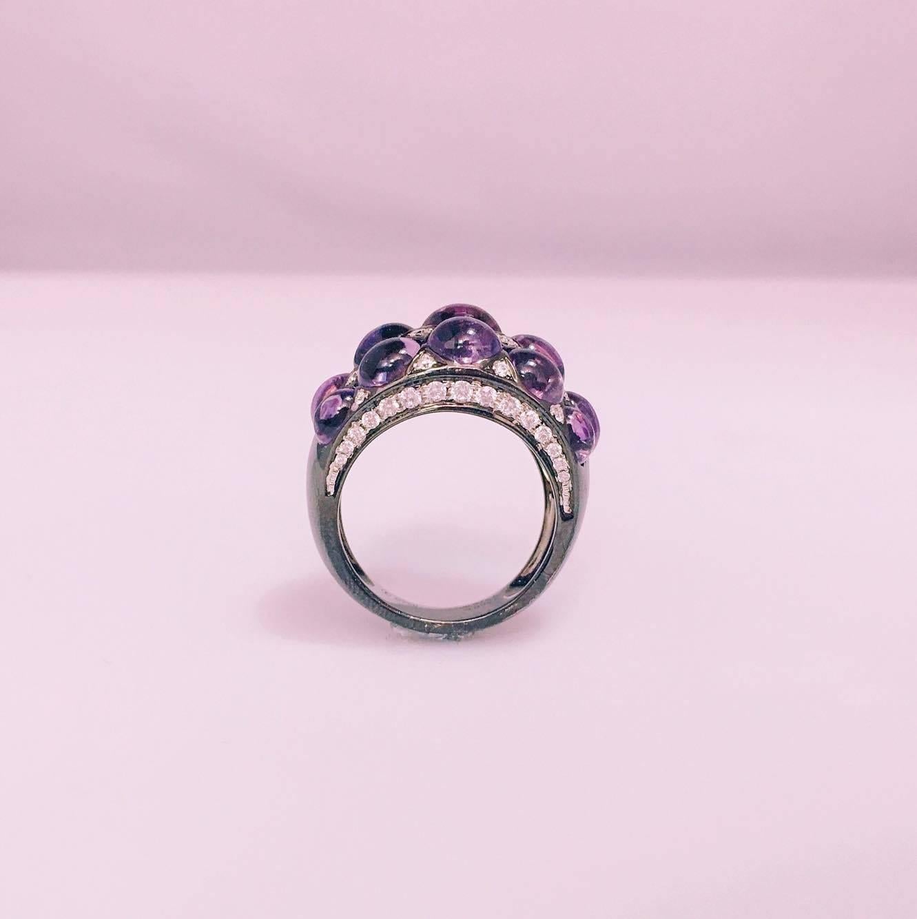 Women's Cabochon Purple Amethyst Micro Pave Diamond Gold Ring