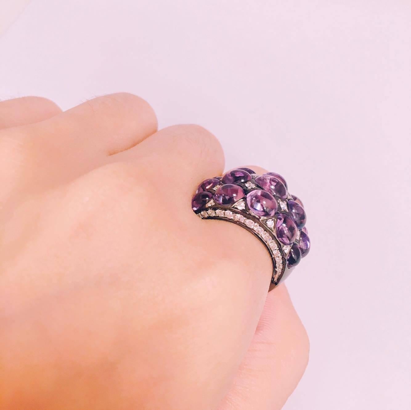 Cabochon Purple Amethyst Micro Pave Diamond Gold Ring 2