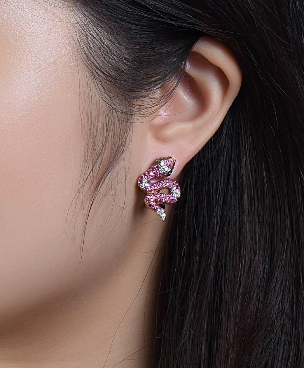 Modern Ruby Diamond Snake Earrings