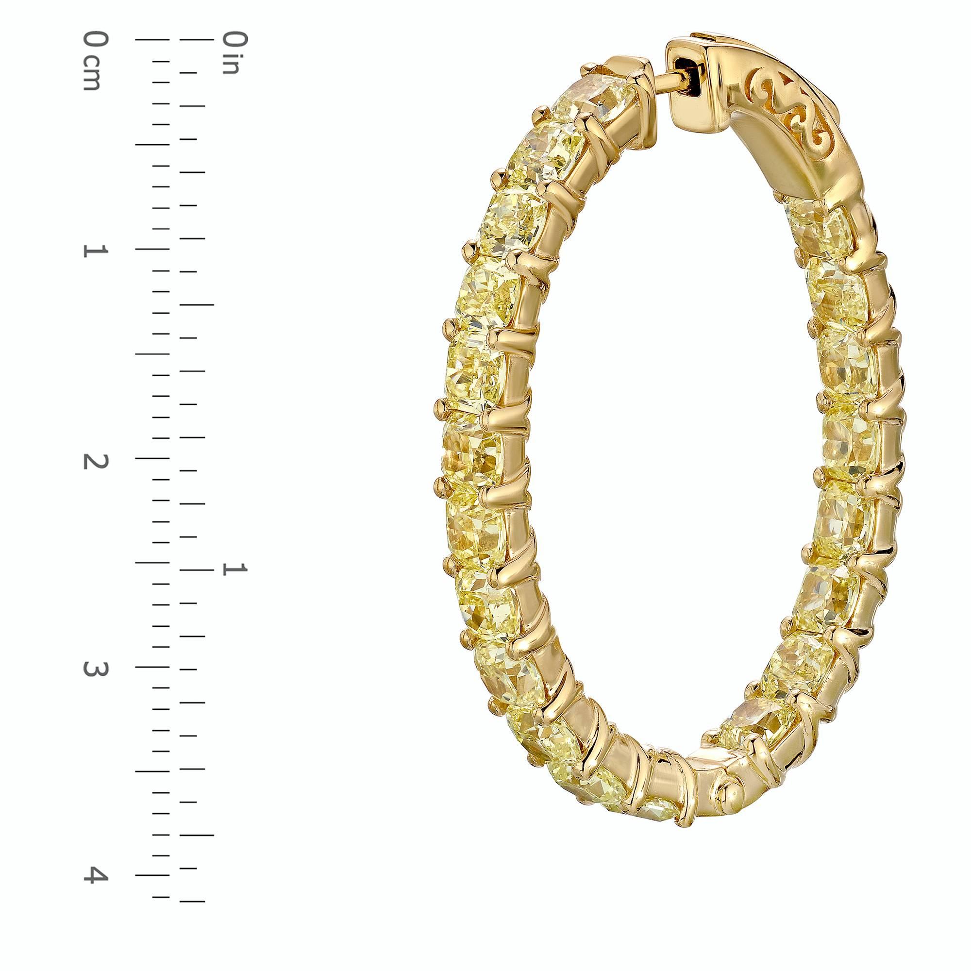 Approx total weight: 12.50ct 
Approx size of each diamond: .32ct 
Shape: Radiant 
Diamond Color: Fancy Intense Yellow Diamond 
Diamond Clarity: Vvs1 
Cut: Excellent 
Top to Bottom Diameter: 1.50 inches 
Hoop shape: Oval 
All Emilio! pieces come with