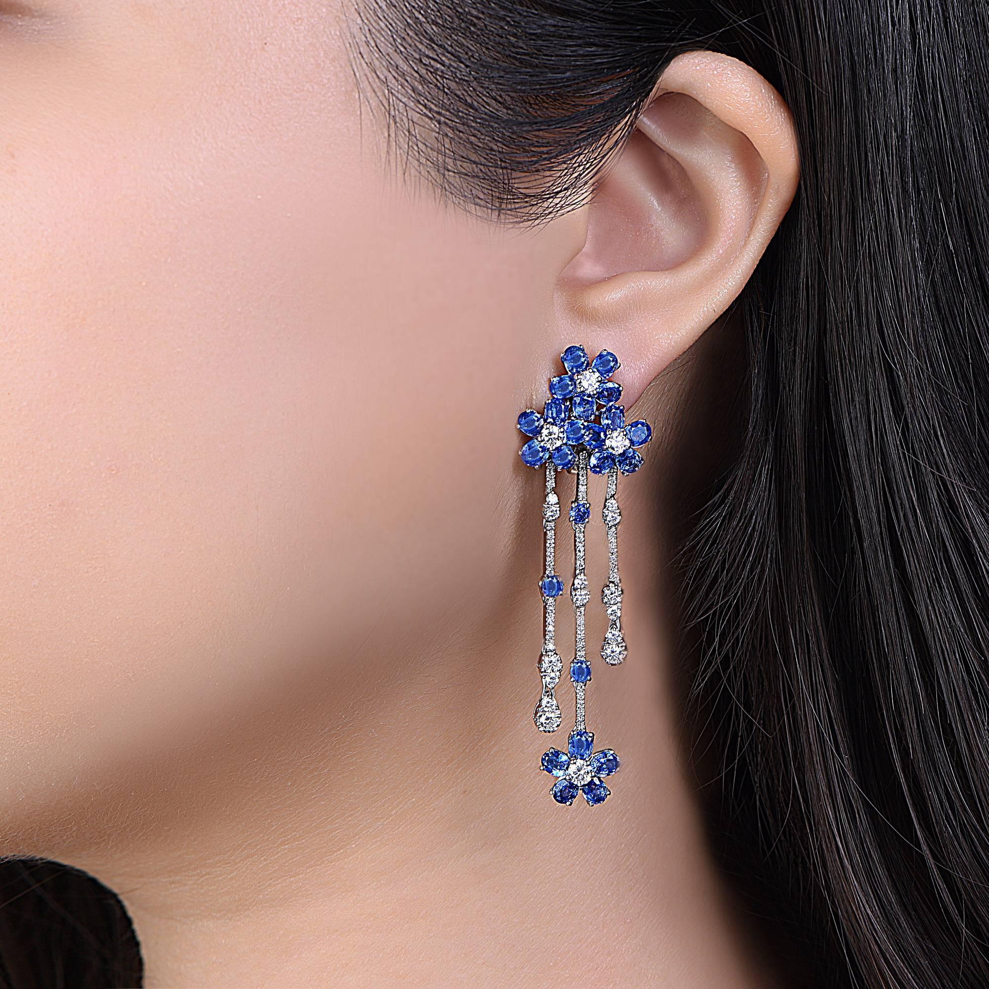 Modern Emilio Jewelry 11.32 Carat Rich Blue Floral Sapphire Diamond Earrings