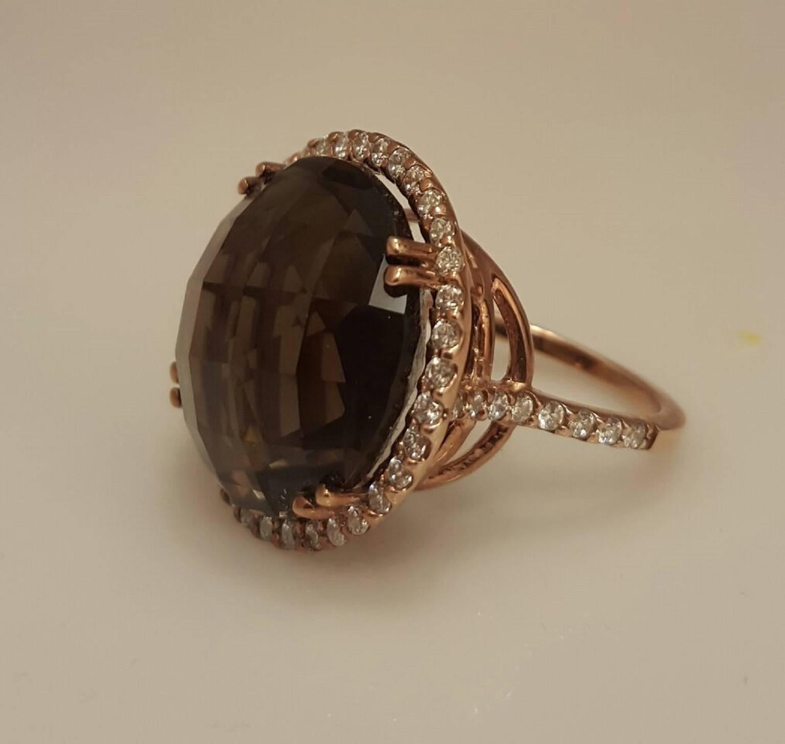 Modern Smokey Quartz Diamond Gold Ring 