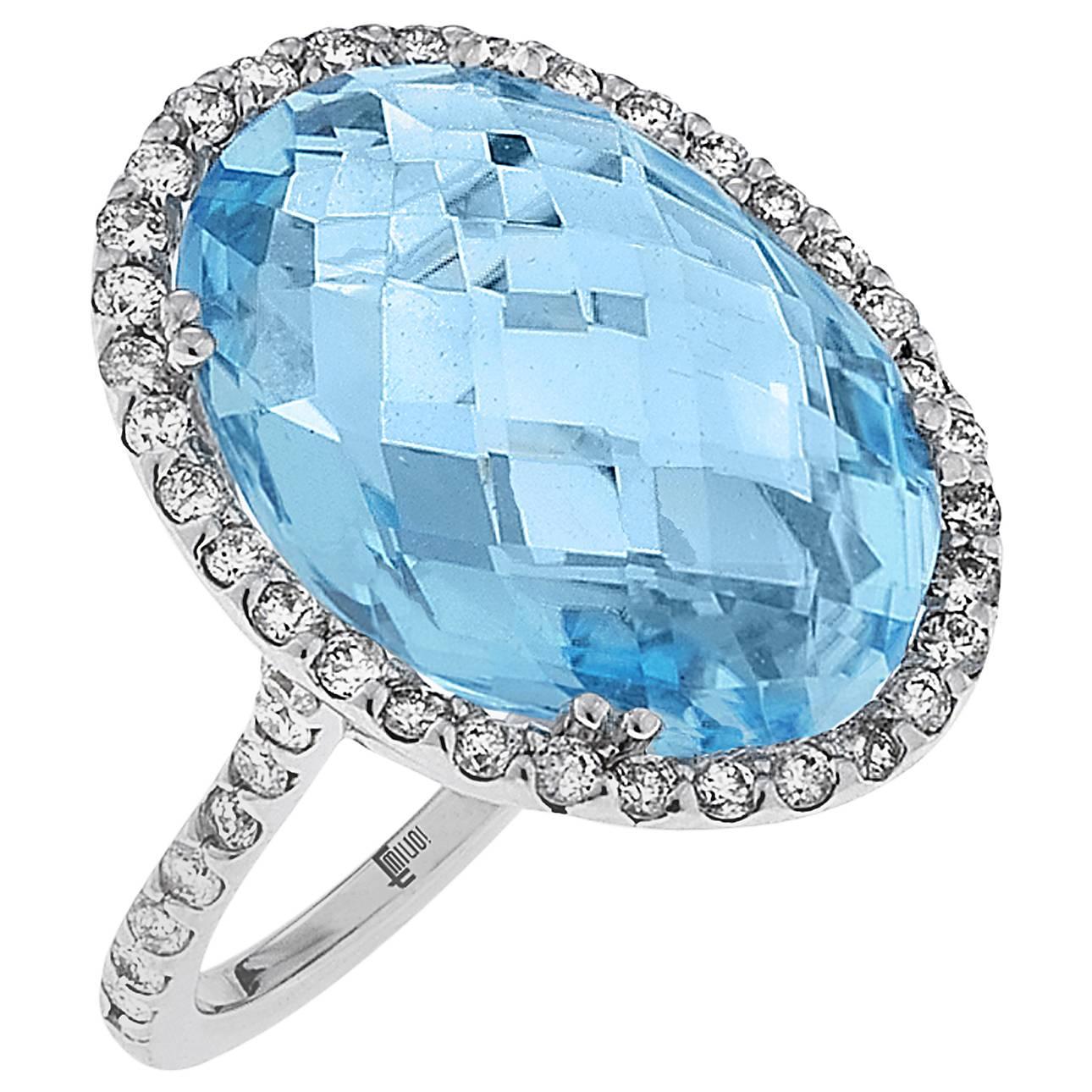 Emilio Jewelry 15.27 Carat Blue Topaz Diamond Gold Oval Ring